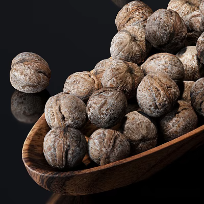 Fresh Healthy Organic Whole Walnuts in Wooden Bowl on Black Background 3d model