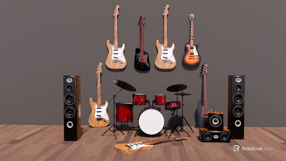 Electric and Acoustic Guitars with Red Drum Set and Speakers in Music Room 3d model 
