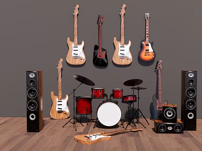 Electric and Acoustic Guitars with Red Drum Set and Speakers in Music Room 3d model