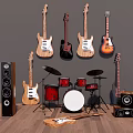 Electric and Acoustic Guitars with Red Drum Set and Speakers in Music Room