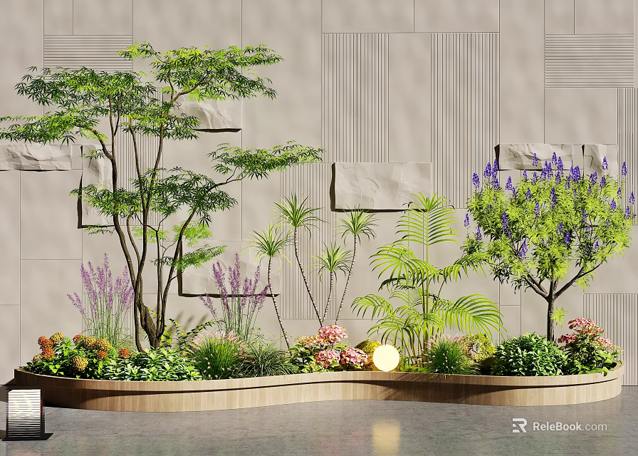 Lush Indoor Landscape with Various Green Plants Purple Flowers Geometric Wall and Round Light 3d model 