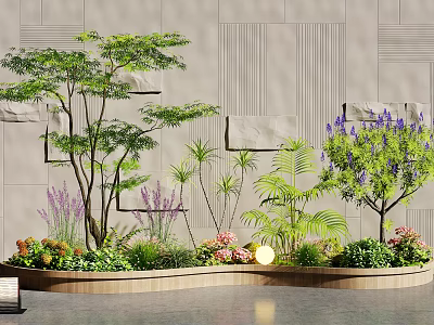 Lush Indoor Landscape with Various Green Plants Purple Flowers Geometric Wall and Round Light 3d model