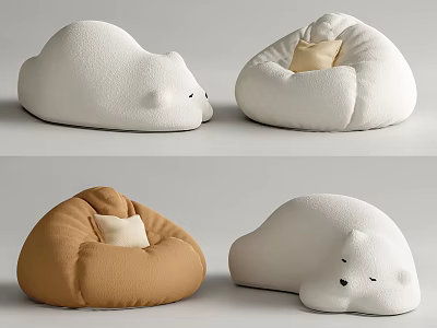 White And Brown Bear Shaped Bean Bag Chairs With Soft Cushion For Living Room 3d model