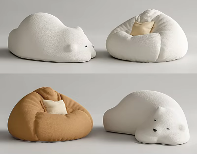 White And Brown Bear Shaped Bean Bag Chairs With Soft Cushion For Living Room 3d model