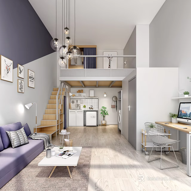 Modern Loft Apartment With Open Space Purple Sofa Staircase White Cabinets Desk And Wooden Floor 3d model 