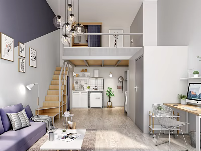 Modern Loft Apartment With Open Space Purple Sofa Staircase White Cabinets Desk And Wooden Floor 3d model
