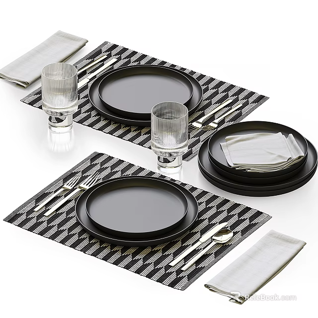 Modern Dinnerware Set With Black Plates Black White Checkered Placemats Glass Cups Napkins And Cutlery 3d model 