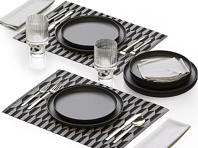 Modern Dinnerware Set With Black Plates Black White Checkered Placemats Glass Cups Napkins And Cutlery 3d model