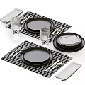 Modern Dinnerware Set With Black Plates Black White Checkered Placemats Glass Cups Napkins And Cutlery