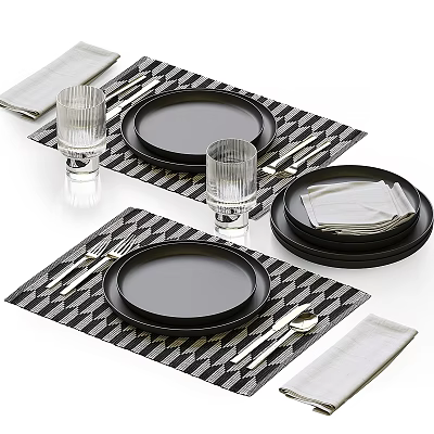 Modern Dinnerware Set With Black Plates Black White Checkered Placemats Glass Cups Napkins And Cutlery 3d model