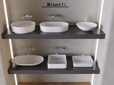 Modern Design Various Shapes White Washbasins With Silver Faucets On Two Tiered Black Shelves Grey Wall 3d model