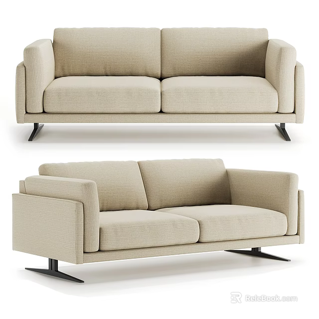 Beige Two Seater Sofa with Modern Minimalist Design and Black Metal Legs 3d model 