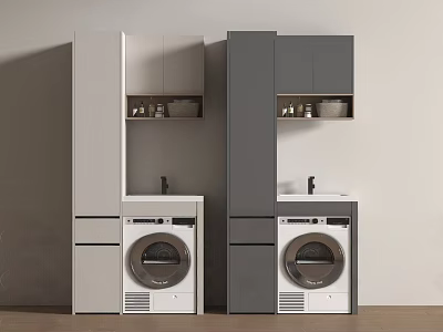 Modern Balcony Cabinets With White And Gray Design Washing Machine And Storage 3d model