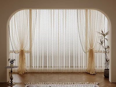 Beige Lace Curtain with Flowing Design in Arched Window Interior with Tiebacks and Plant 3d model