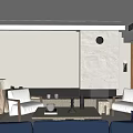 Modern Living Room With White Armchairs Light Coffee Table Textured Fireplace And Black Circular Decor
