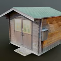 Wooden Cabin Exterior With Green Roof Wooden Door Double Windows And Small Steps