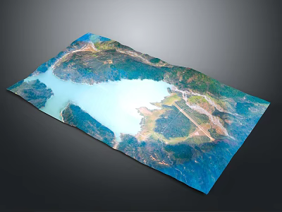 Aerial View of Natural Terrain With Lake Surrounding Mountains and Green Vegetation 3d model