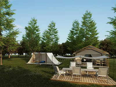 Luxury Glamping Site With Cozy Tents Wooden Deck And Outdoor Seats In Lush Green Woods 3d model