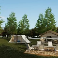 Luxury Glamping Site With Cozy Tents Wooden Deck And Outdoor Seats In Lush Green Woods