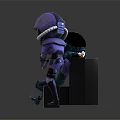 Two Character Figures Sitting And Crouching With White Hair Green Outfit Purple Helmet Spacesuit Design
