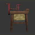 Vintage Wooden Desk With Red Wheel Pump Mechanism And Decorative Details