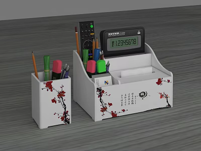 White Stationery Organizers With Red Plum Patterns For Remote Control Calculator And Office Supplies 3d model