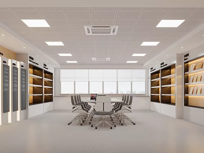 Modern Conference Room Interior Design With Meeting Table Ergonomic Chairs Bookshelves Windows And Lighting 3d model