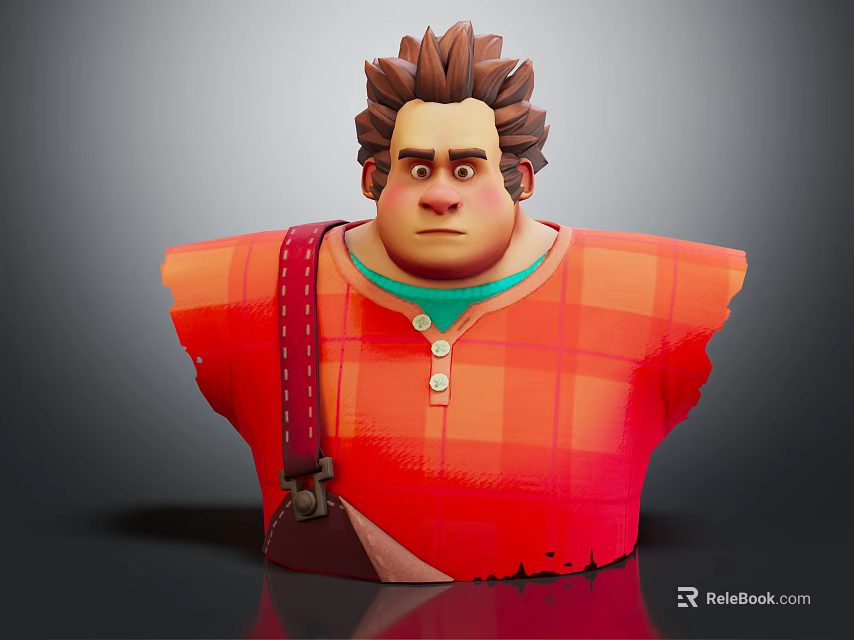 3D Male Character With Brown Spiky Hair Serious Expression Orange Plaid Shirt And Brown Strap 3d model 