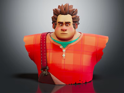 3D Male Character With Brown Spiky Hair Serious Expression Orange Plaid Shirt And Brown Strap 3d model