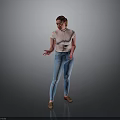 Woman Gesturing In Grey Background Wearing White Printed T Shirt And Blue Jeans