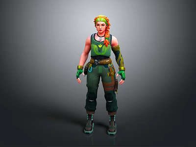 Stylized 3D Female Character With Orange Braided Hair Green Utility Outfit And Wrist Guards 3d model