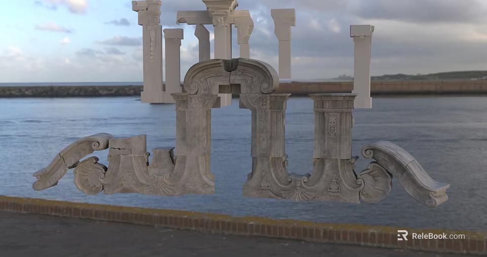Intricately Carved Stone Architectural Elements By Seaside With Calm Water And Cloudy Sky 3d model 