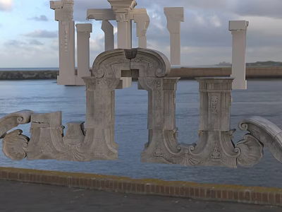 Intricately Carved Stone Architectural Elements By Seaside With Calm Water And Cloudy Sky 3d model
