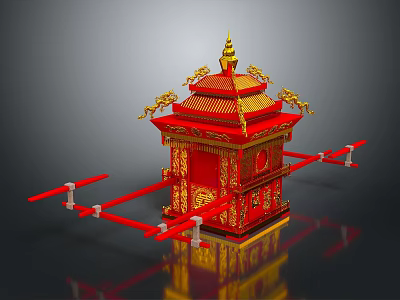 Intricate Plant Carvings Adorn Red And Gold Traditional Chinese Sedan Chair 3d model