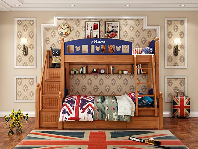 Wooden Bunk Bed With Stairs Storage Union Jack Bedding Wall Art And Bookshelf 3d model