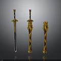 Ornate Decorative Swords With Golden Red Handles And Intricate Patterns