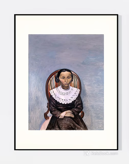 Portrait of a Woman Sitting on a Chair with Dark Dress and White Lace Collar 3d model 