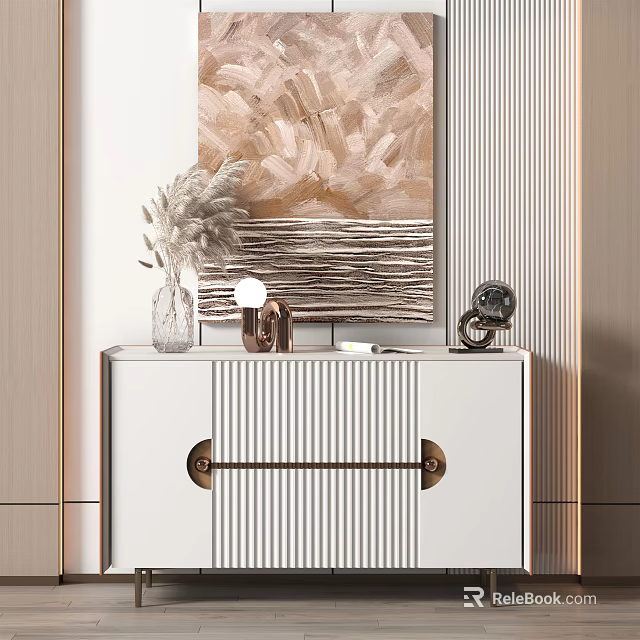 Modern Entryway Cabinet And Sideboard With Striped Design Brass Handles And Decorative Artwork 3d model 