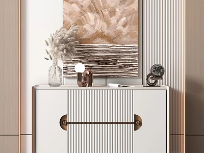 Modern Entryway Cabinet And Sideboard With Striped Design Brass Handles And Decorative Artwork 3d model
