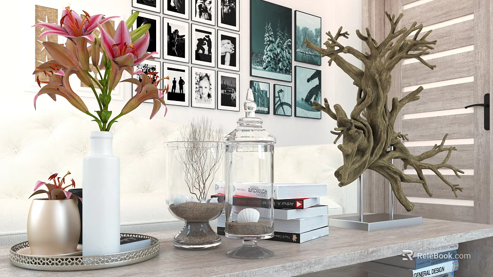 Stylish Decorative Ornament Set With Vase Pink Flowers Glass Containers Sand Books And Driftwood Sculpture 3d model 