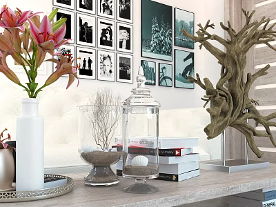 Stylish Decorative Ornament Set With Vase Pink Flowers Glass Containers Sand Books And Driftwood Sculpture 3d model