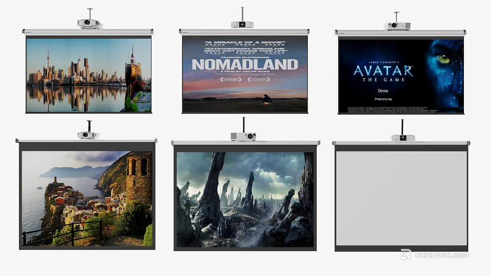 Projection Monitoring System With Multiple Screens Displaying Movie Posters Natural Landscapes And Blank Screen 3d model 