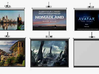 Projection Monitoring System With Multiple Screens Displaying Movie Posters Natural Landscapes And Blank Screen 3d model
