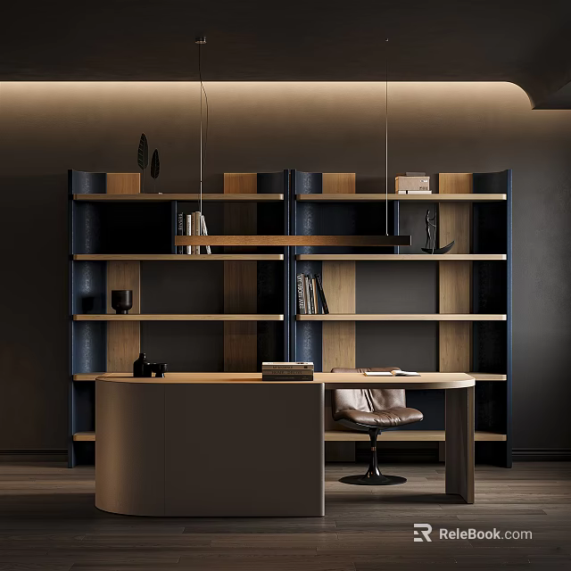 Modern Home Office Desk With Wooden Bookshelf Leather Chair And Decorative Items 3d model 