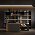 Modern Home Office Desk With Wooden Bookshelf Leather Chair And Decorative Items