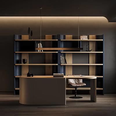 Modern Home Office Desk With Wooden Bookshelf Leather Chair And Decorative Items 3d model