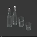 Three Transparent Wine Bottles with Two Glasses on Dark Blue Background
