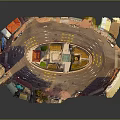 Cartoon City Street Corner Scene With Roundabout Roads And Colorful Buildings Aerial View