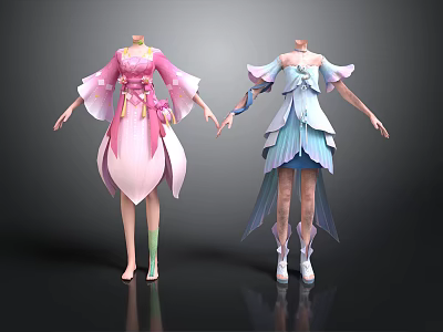 Women's Traditional Flowy Dresses In Pink And Blue Colors For Daily Wear 3d model