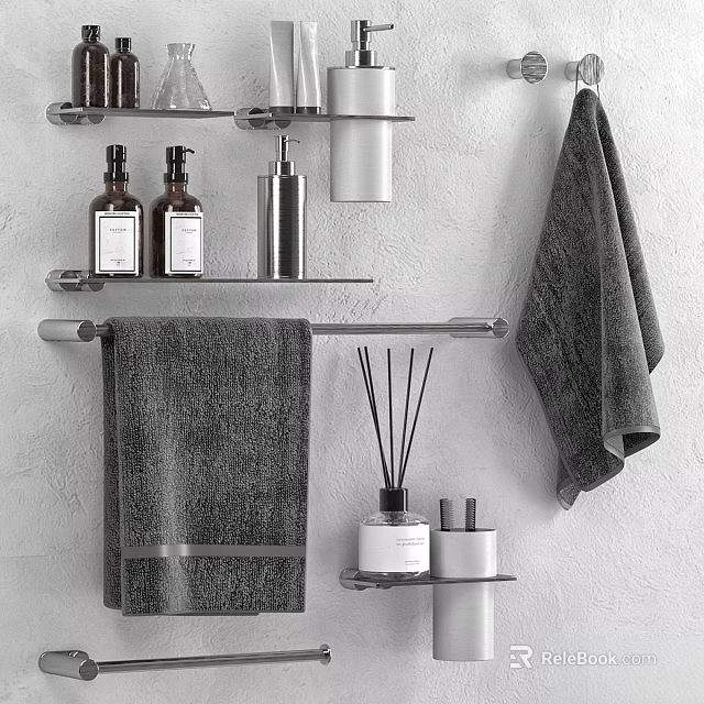 Modern Bathroom Daily Essentials With Hanging Towels Metal Racks Aromatherapy Sticks And Bottles 3d model 